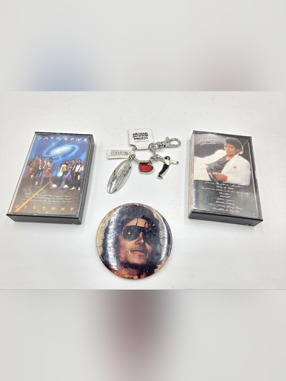 Michael Jackson & Jackson's KeyChain Thriller Victory Cassette Tapes Button.
